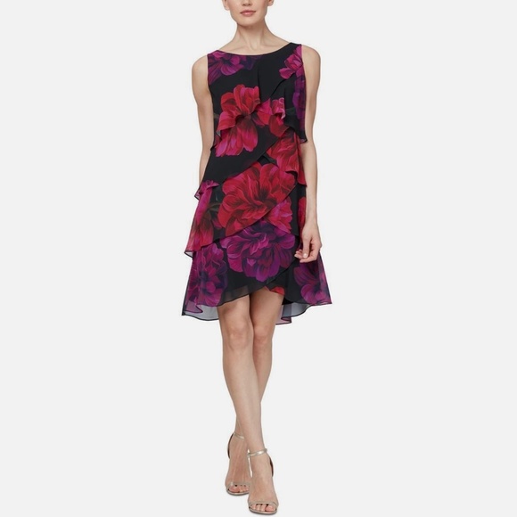SLNY Womens Floral Flutter Party Sheath Chiffon Dress Black Red Pink Purple 14 - Picture 1 of 5